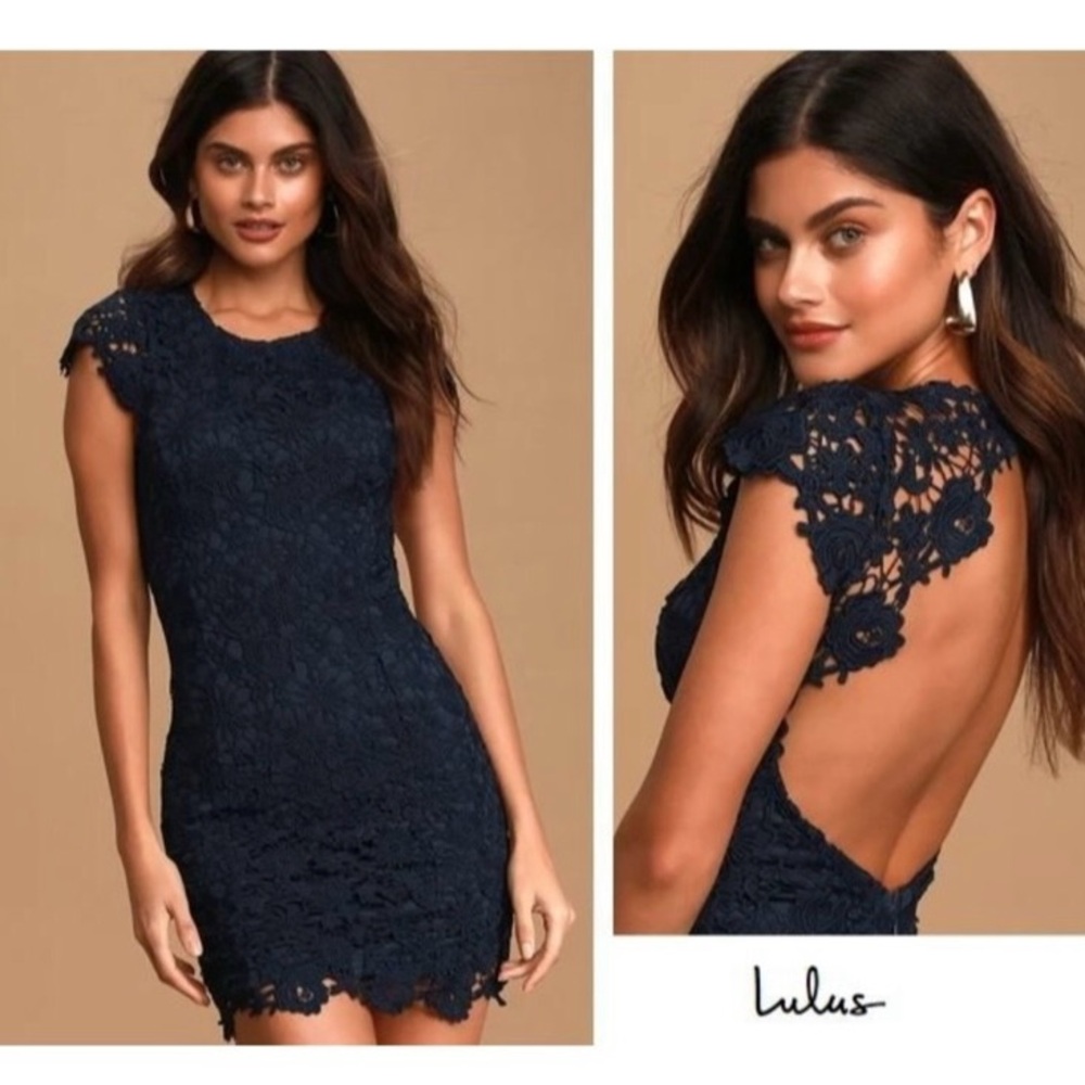 Lulu's Navy Blue Lace Backless Mini Dress